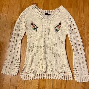 Cream Crochet Sweater with Floral Embroidery